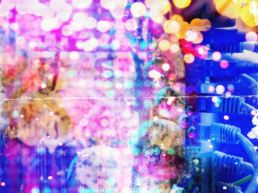 Network cables against an abstract multicoloured background with bright lights