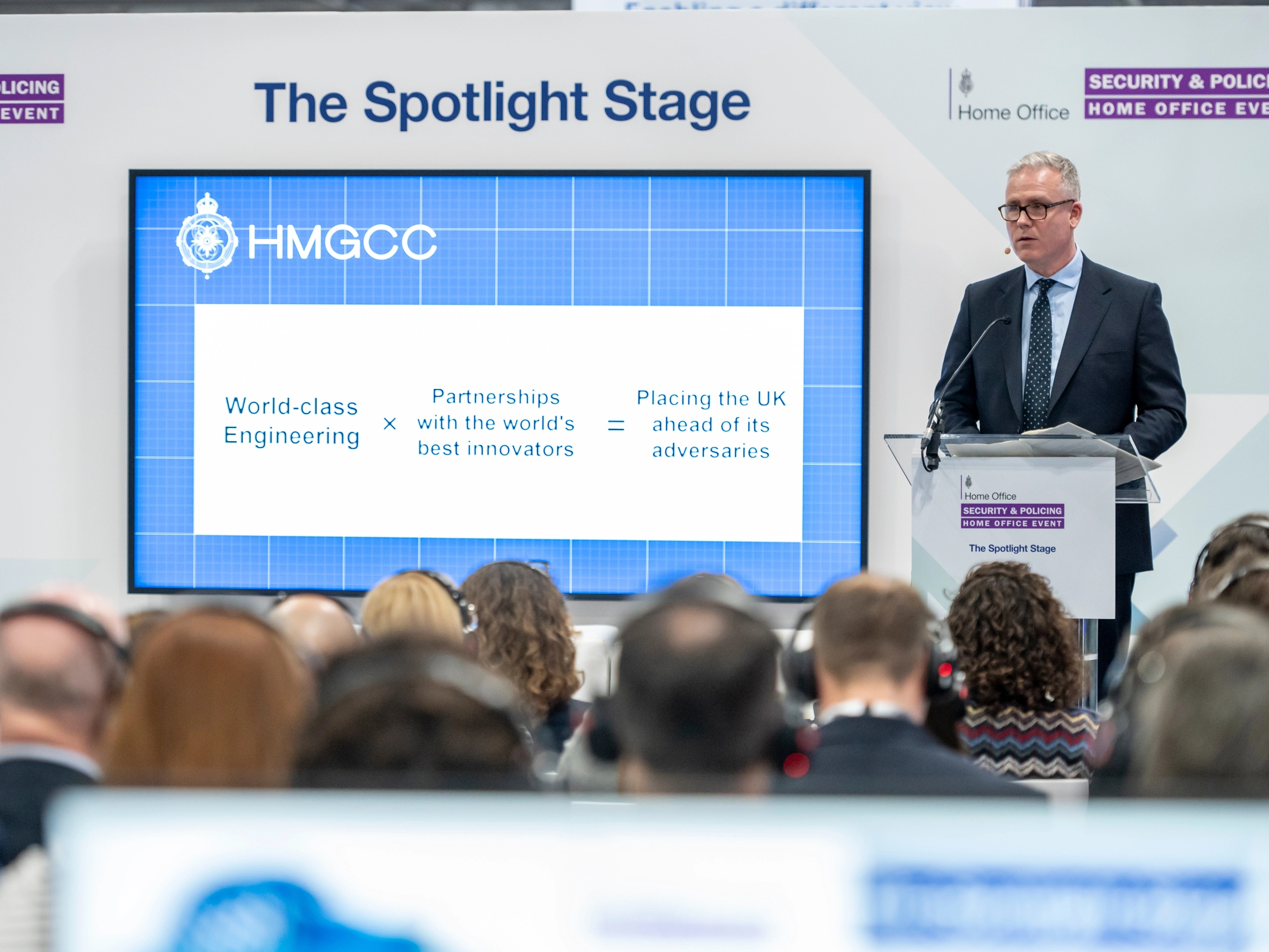 HMGCC CEO George Williamson on stage at the Security and Policing event