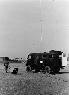 Black and white image showing a mobile base unit vehicle
